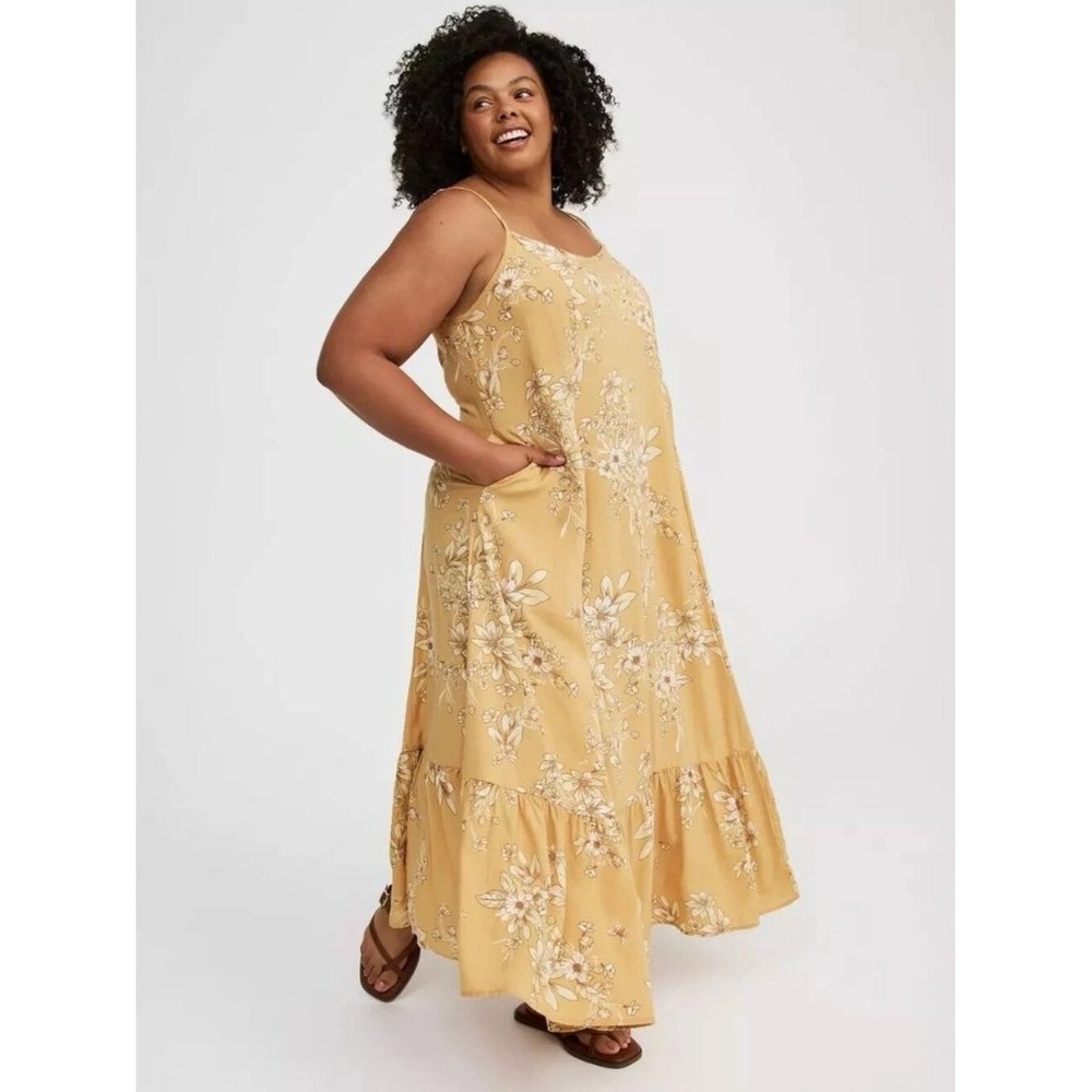 Torrid Maxi Wash Challis Trapeze Tiered Dress Yellow Ochre Floral NWT 2X 18-20